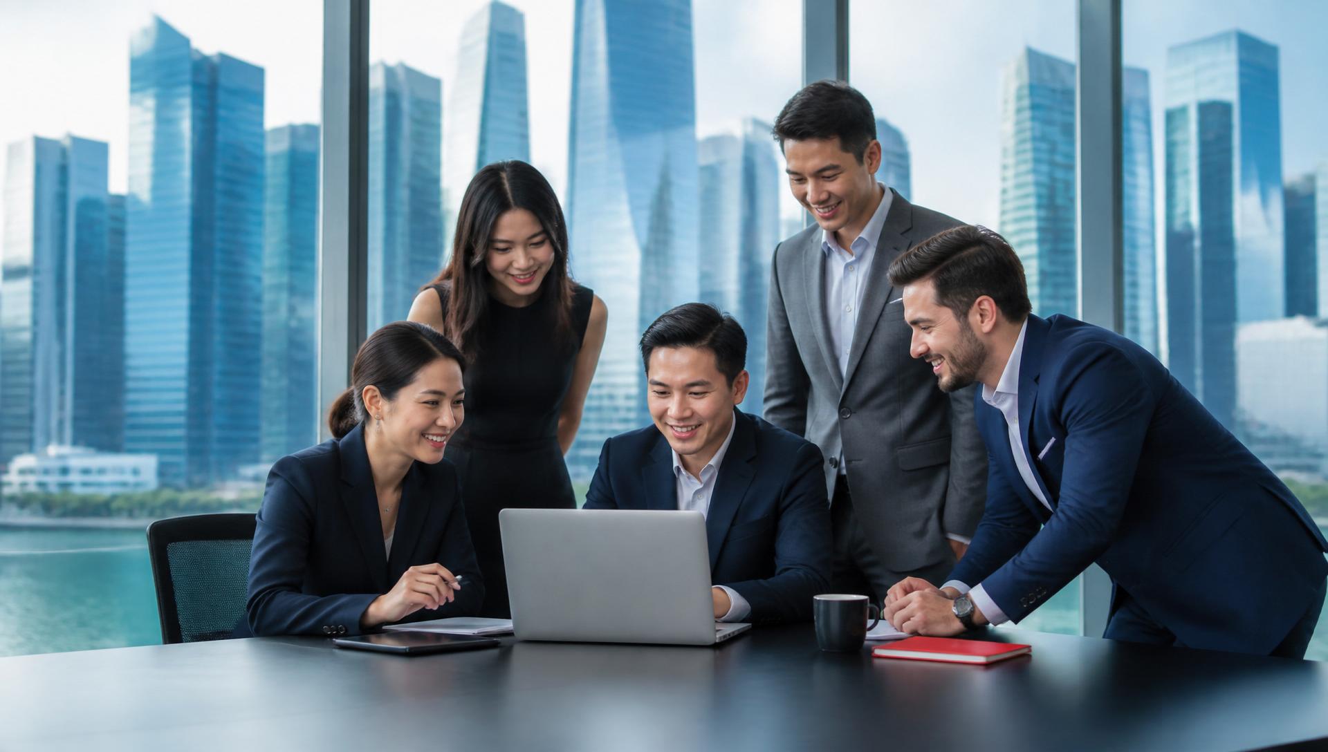 Megamind Consulting team collaborating with Singapore skyline
